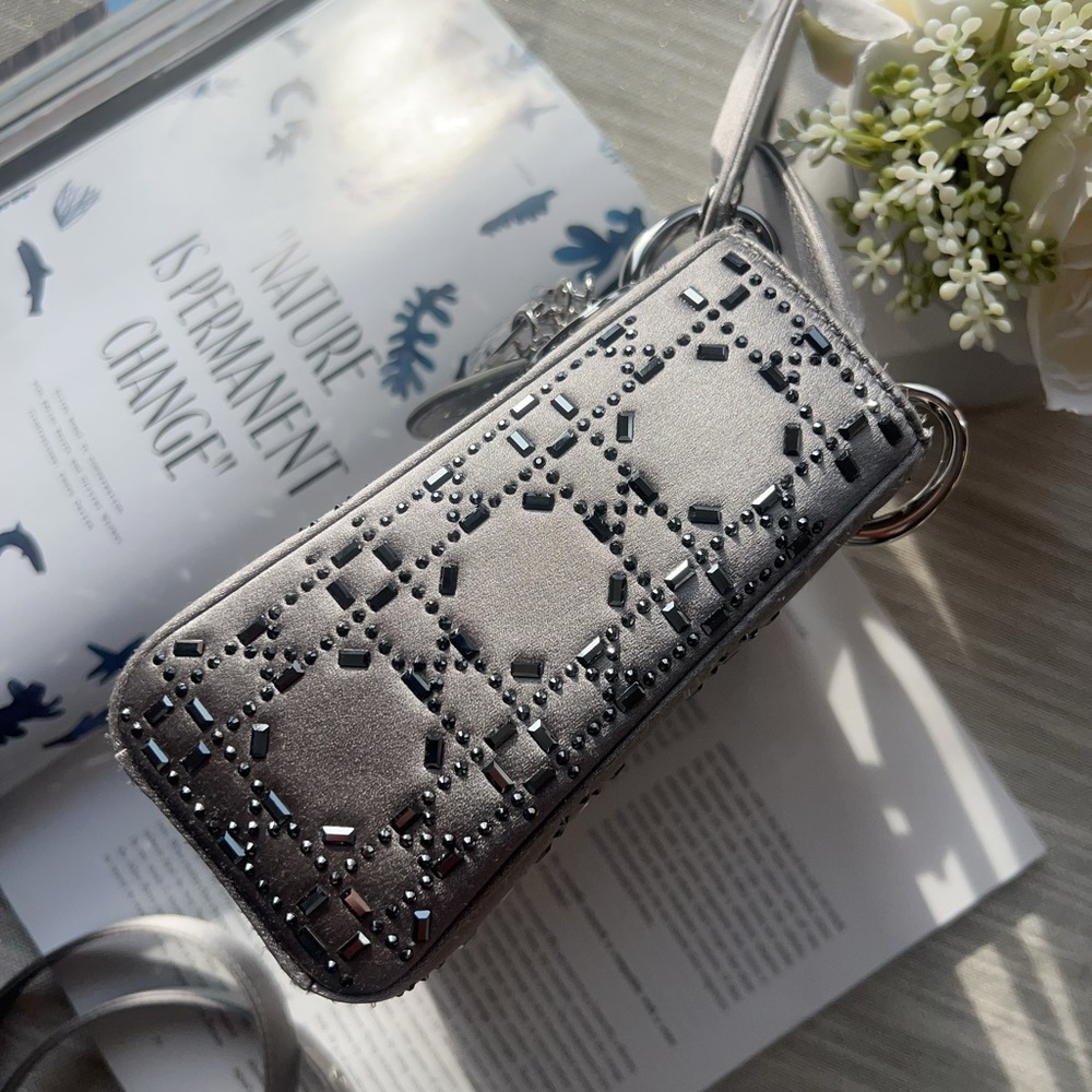 Dior Mini Beaded Satin Cannage Lady Dior Satchel Silver - Picture 6 of 10